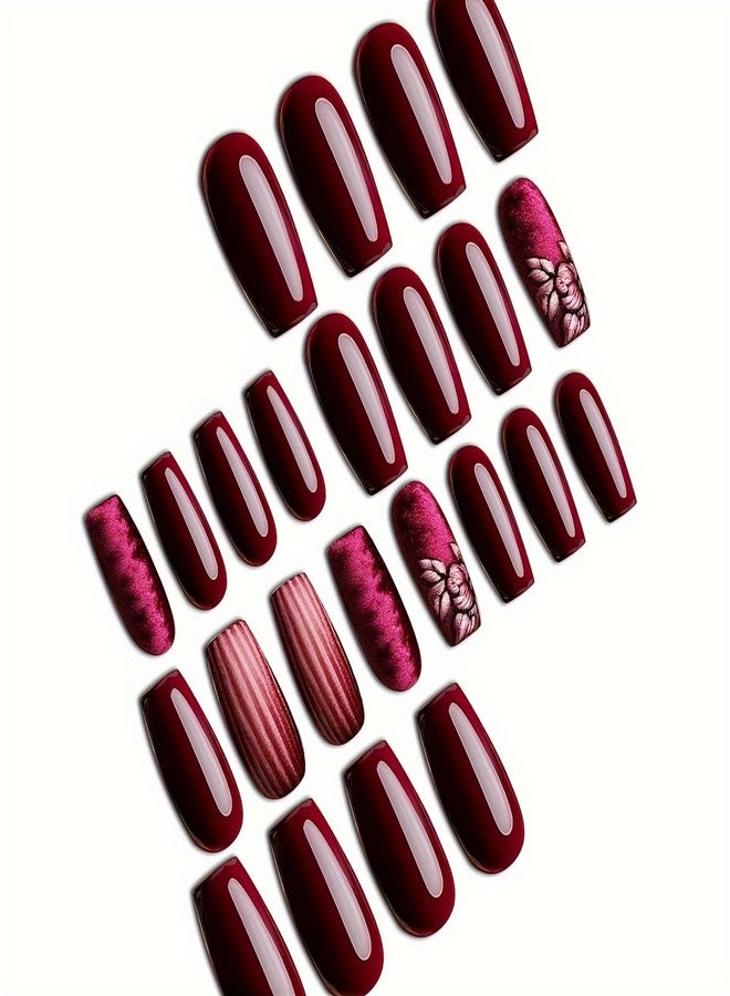 GRITOSE Coffin Press on Nails MediumLength Fake Nails Coffin Shape False Nails with Floral design Stick on Nails Full Cover Red Acrylic Artificial Nails Gel Glue on Nails for Women Reusable Nail Decor24pcs - Image 2